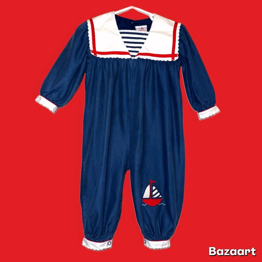 Vintage Petit Ami Nautical Blue Sailor Kids One Piece romper size 24 months